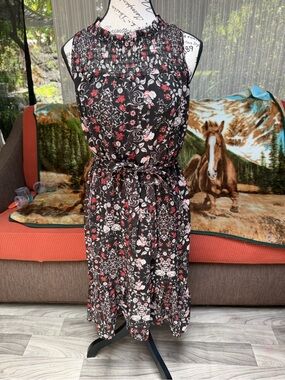 Floral Smocked Neck Black and Red Belted Midi Dress